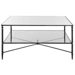 henzler coffee table iron base blackened steel finish clear tempered glass top