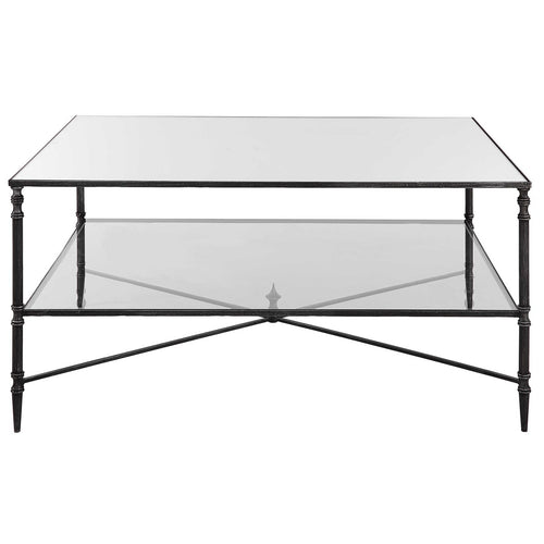 henzler coffee table iron base blackened steel finish clear tempered glass top