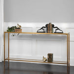 hayley console table minimalistic iron and glass lightly antiqued gold leaf