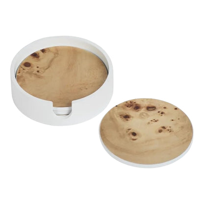 Set of 4 Round Burl Wood Coasters in White Tray