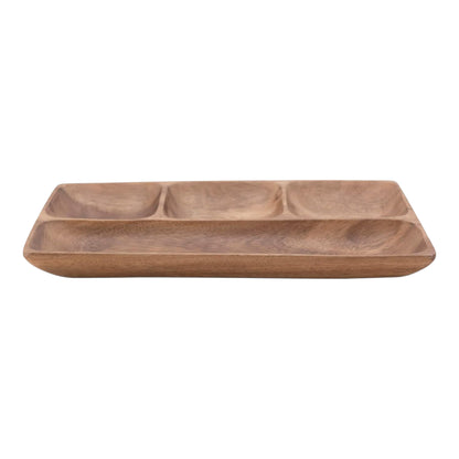 Sectioned Acacia Wood Tray, Hand-Carved 12" L x 7" W, 4 Sections