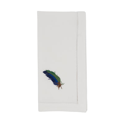 Embroidered Blue Feather Napkin, Set of Six