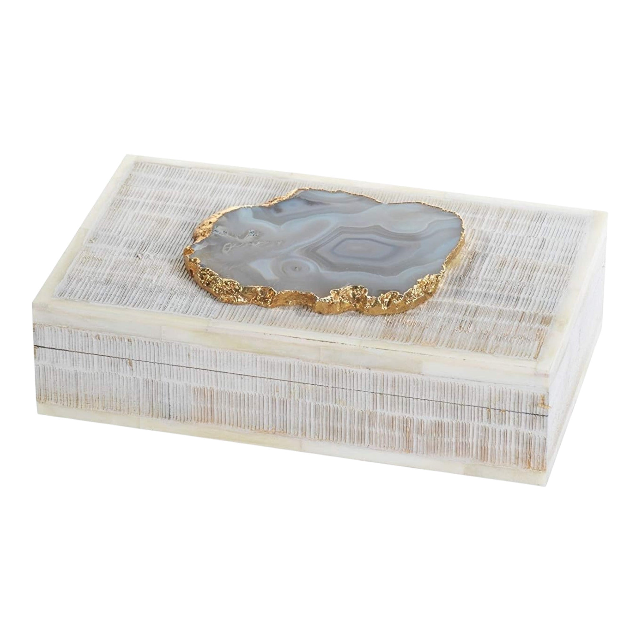 Chiseled Mango Wood and Bone Box with Agate Stone