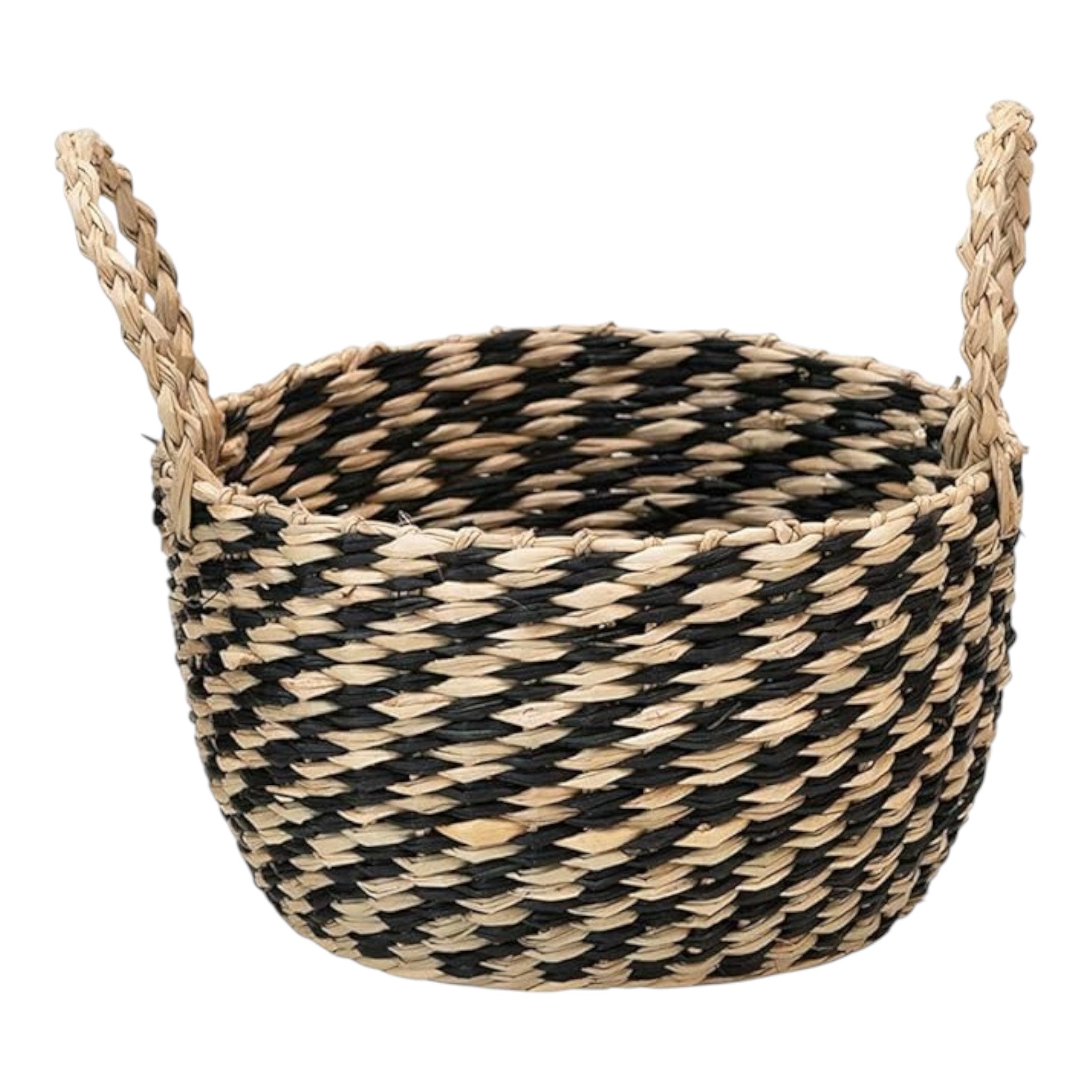 Hand-Woven Seagrass Basket, Medium Black and Natural