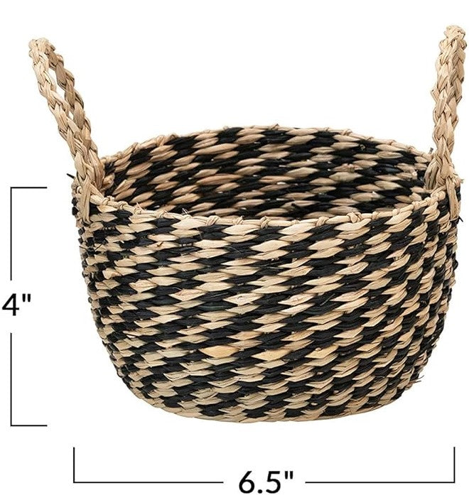 Hand-Woven Seagrass Basket, Medium Black and Natural