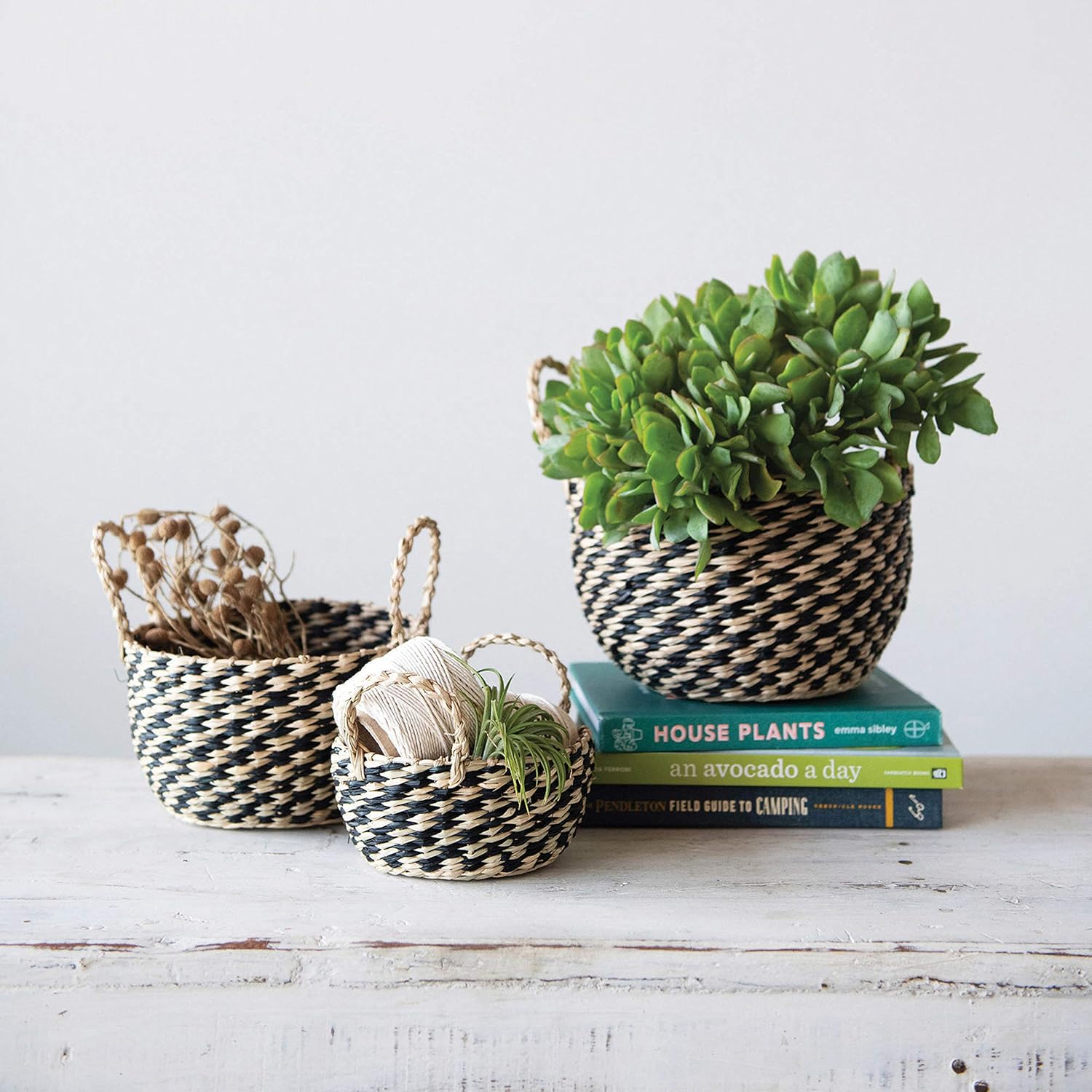 Hand-Woven Seagrass Basket, Large Black and Natural