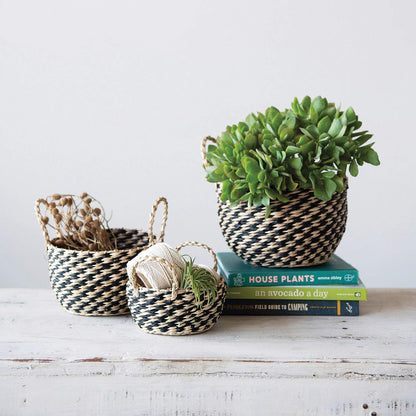 Hand-Woven Seagrass Basket, Small Black and Natural