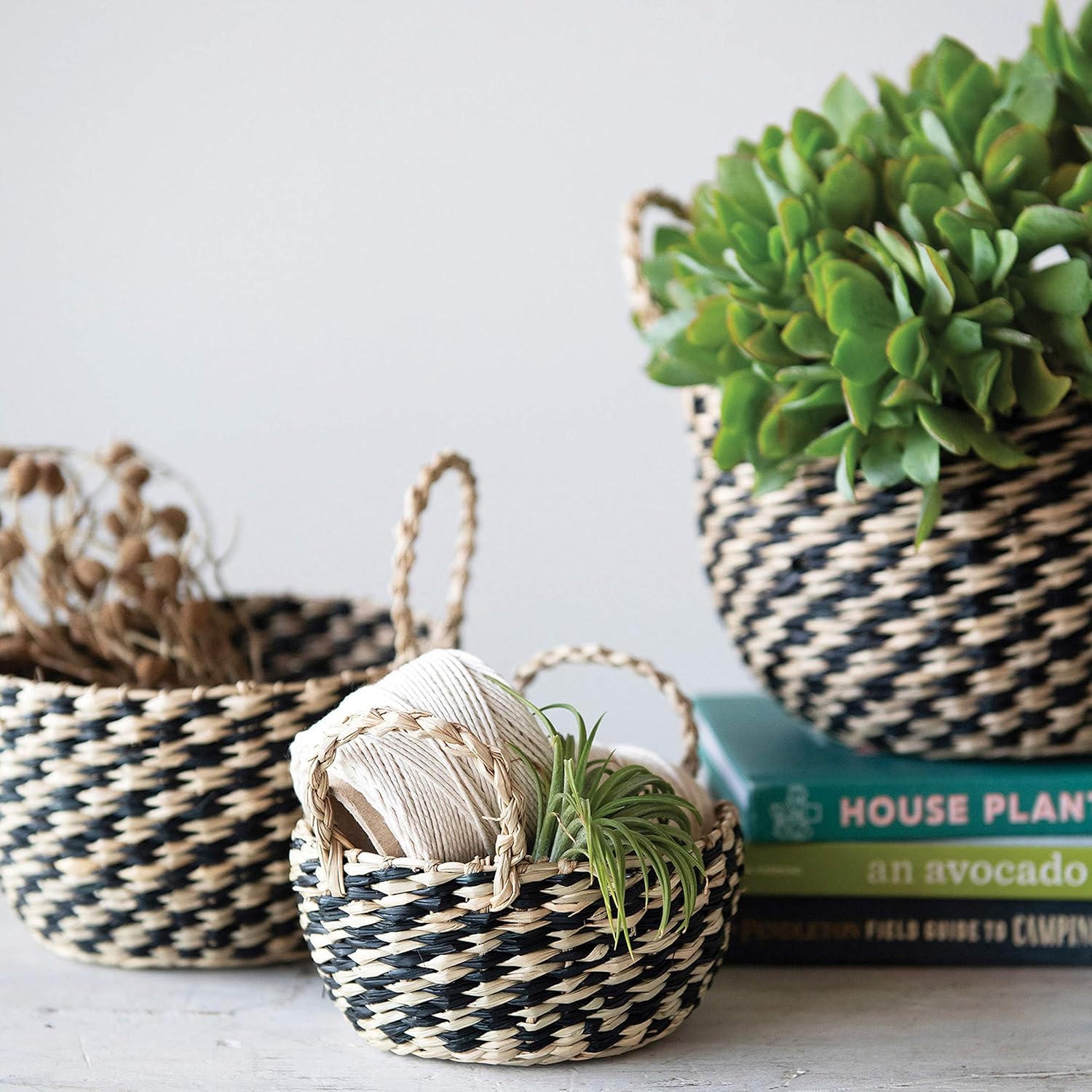 Hand-Woven Seagrass Basket, Small Black and Natural