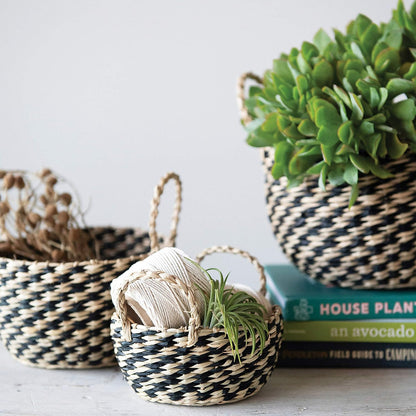 Hand-Woven Seagrass Basket, Small Black and Natural