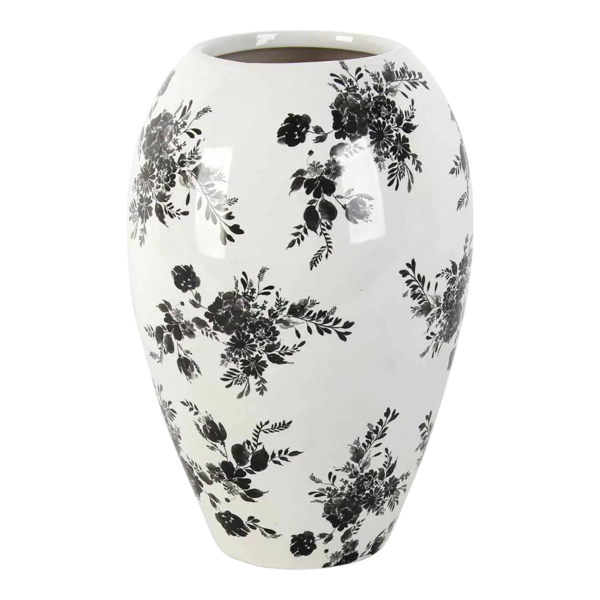 White & Black Floral Ceramic Vases 10"H x 6.75"Dia