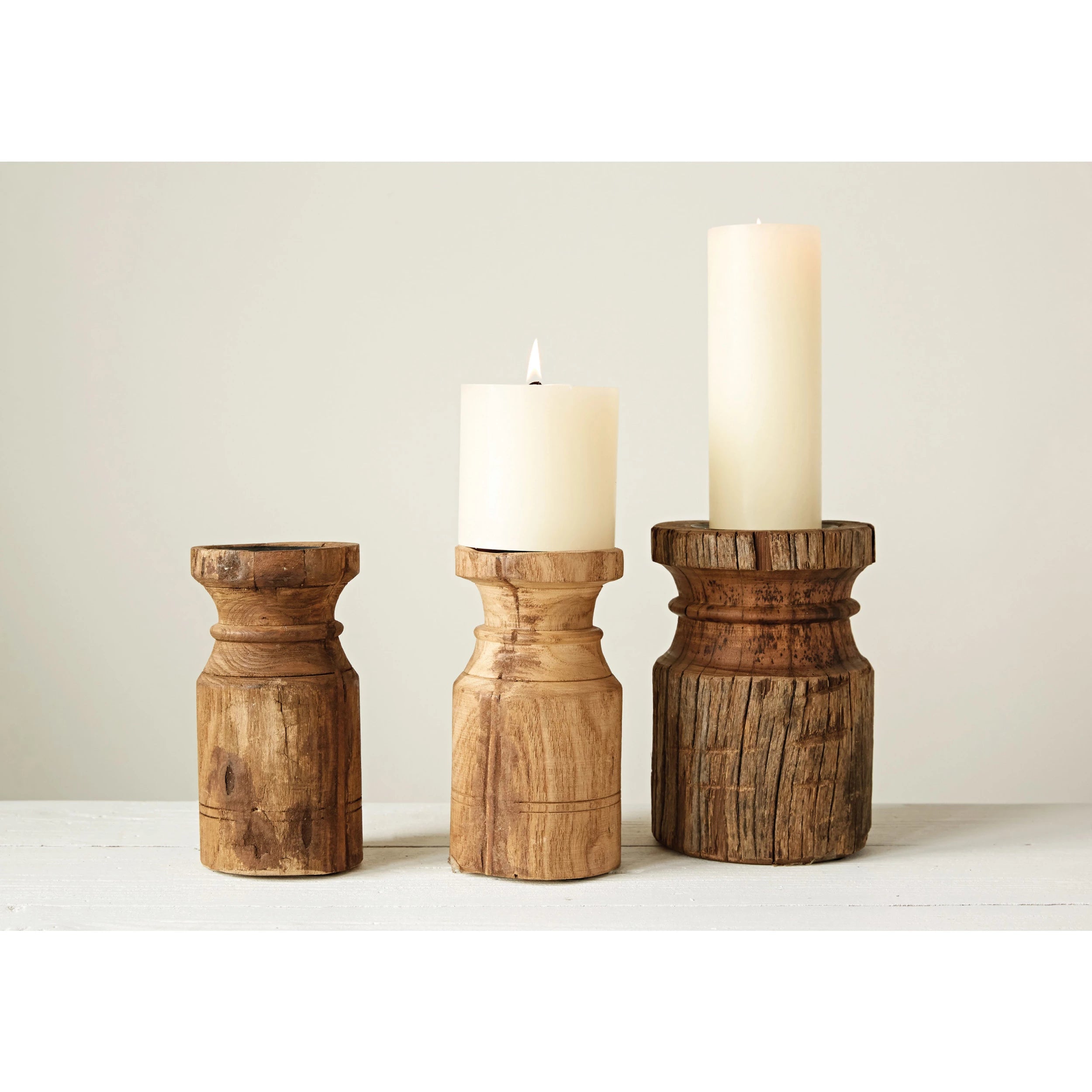 Reclaimed Wood Carved Candle Holder Approximately 4" Round x 8"H -Each will vary slightly