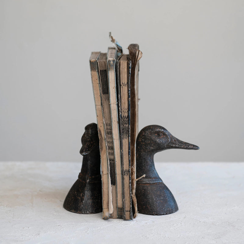 Cast Iron Duck Head Bookends, Distressed Black, Set of 2