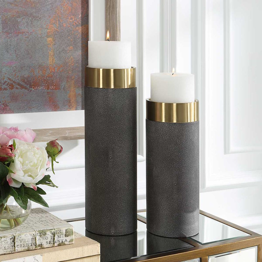 Wessex Candleholders,  Faux Grey Shagreen